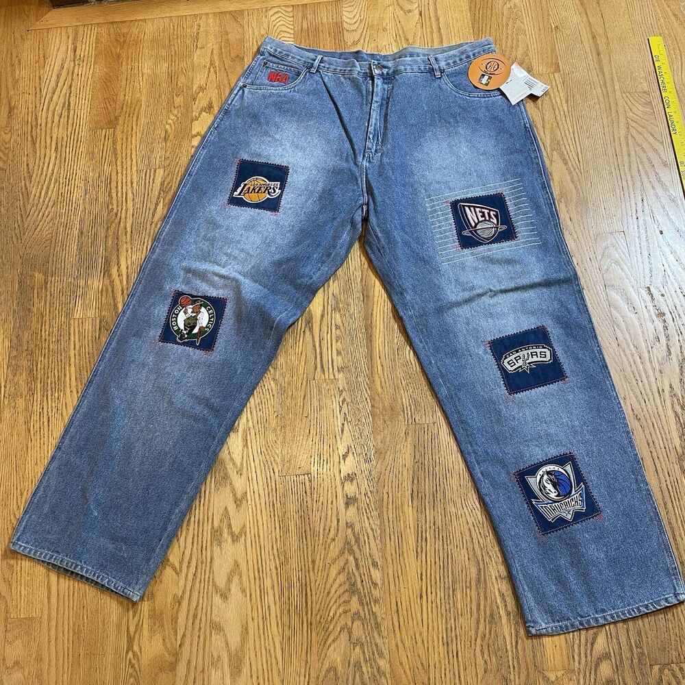 Unk Embroidered Basketball Patch Jeans NBA Team Logos Sz 42 x 33 NWT Vtg Y2K